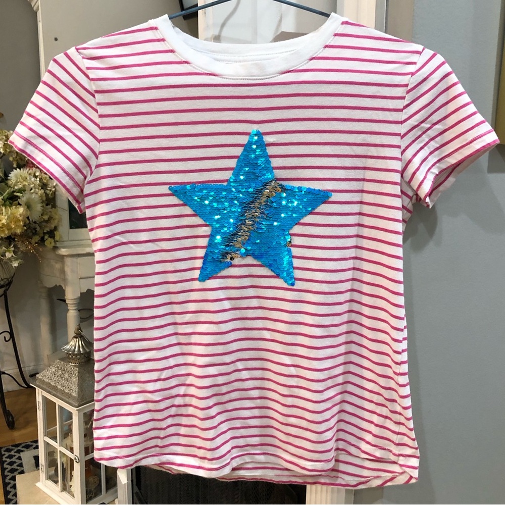 Wonder Nation Striped Sequin Star Short Sleeve T- Shirt Top
